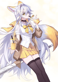 1girl absurdres against_railing animal_ear_fluff animal_ears black_choker black_thighhighs bow bowtie breasts choker collared_shirt commentary cup disposable_cup drinking drinking_straw drinking_straw_in_mouth extra_ears fox_ears fox_girl fox_tail hair_intakes highres holding holding_cup large_breasts leaning long_hair looking_at_viewer luo_shun_yao meng_xi_xuan nail_polish original railing revision see-through_clothes see-through_sleeves shirt sidelocks skirt solo tail thighhighs thighs untucked_shirt very_long_hair white_hair white_shirt yellow_bow yellow_bowtie yellow_eyes yellow_nails yellow_skirt zettai_ryouiki