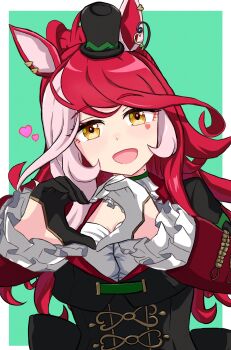 1girl :d animal_ears asymmetrical_gloves black_gloves black_hat border commentary facial_mark gloves green_background hair_between_eyes hat heart heart_facial_mark heart_hands highres horse_ears horse_girl long_hair looking_at_viewer loves_only_you_(9927_wishes)_(umamusume) loves_only_you_(umamusume) mgr3na2sup_6 mini_hat mismatched_gloves mole mole_on_neck multicolored_hair open_mouth red_hair simple_background smile solo two-tone_hair umamusume white_border white_gloves white_hair yellow_eyes