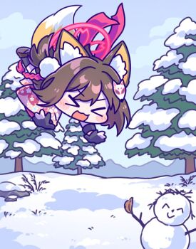 &gt;_&lt; 1girl animal_ear_fluff animal_ears black_gloves blue_archive blush brown_hair chibi chibi_only closed_eyes commentary doodle_sensei_(blue_archive) english_commentary fox_ears fox_girl fox_tail gloves halo izuna_(blue_archive) kaoling open_mouth outdoors partially_fingerless_gloves pink_halo sensei_(blue_archive) snow solo tail winter