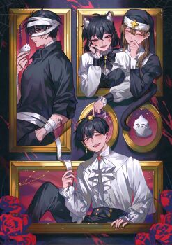 Rule 34 | 2boys, 2girls, :d, ;d, alternate costume, animal ears, bags under eyes, bandaged arm, bandaged head, bandaged waist, bandages, biyoo (omniscient reader's viewpoint), black dress, black hair, black shirt, bow, bowtie, brooch, brown hair, candy, capelet, cat ears, cat tail, climbing, collared shirt, cross, double-parted bangs, dress, eyeshadow, facial mark, flower, food, frills, hair between eyes, hair over shoulder, han sooyoung, hand in pocket, hand on own face, hands in pockets, hat, head tilt, highres, holding, holding candy, holding food, holding lollipop, jewelry, kemonomimi mode, kim dokja, knee up, lollipop, makeup, multiple boys, multiple girls, omniscient reader's viewpoint, one eye closed, open mouth, outside border, papercider, portrait, priestess, purple eyeshadow, red flower, red rose, rose, shirt, short hair, smile, stitched hand, stitched mouth, stitches, tail, whisker markings, white shirt, yoo joonghyuk, yoo sangah