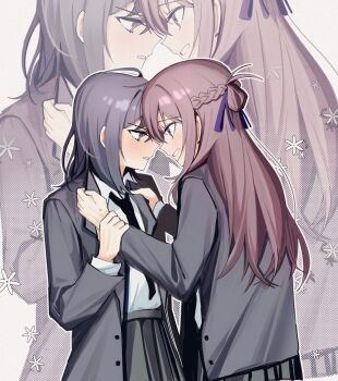 2girls black_necktie blue_eyes blue_hair blue_ribbon braid brown_eyes brown_hair clothes_grab collared_shirt commentary face-to-face grey_hair grey_jacket grey_skirt haidao_mao hair_ribbon half_up_braid hashtag-only_commentary highres holding_another&#039;s_wrist jacket long_hair long_sleeves medium_hair miyagi_shiori multiple_girls necktie open_mouth outline parted_lips pleated_skirt purple_eyes ribbon school_uniform sendai_hazuki shirt short_hair shuuniichido_classmate_wo_kau_hanashi sidelocks simple_background skirt smile white_background white_outline white_shirt yuri zoom_layer