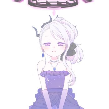 1girl :d alternate_costume bare_shoulders bead_necklace beads black_halo black_horns black_ribbon blue_archive blush breasts collarbone crescent_print demon_girl demon_horns dress earrings elbow_gloves evening_gown fluffy_hair gloves hair_between_eyes hair_ribbon halo highres hina_(blue_archive) hina_(dress)_(blue_archive) horns jewelry long_hair looking_at_viewer low_wings multicolored_halo multiple_horns necklace official_alternate_costume official_alternate_hairstyle open_mouth ponytail print_dress purple_dress purple_eyes purple_gloves purple_halo ribbon sidelocks simple_background single_earring small_breasts smile solo starry_sky_print strapless strapless_dress takahisayuki two-tone_halo upper_body white_background white_hair wings