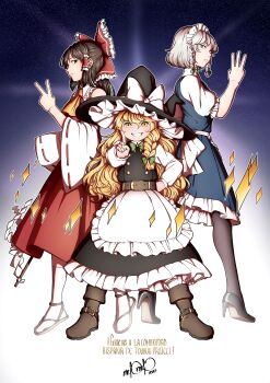 3girls absurdres apron ascot belt blonde_hair blue_eyes boots bow braid brown_eyes brown_hair buttons closed_mouth commentary dated detached_sleeves double-breasted dress finger_counting frilled_dress frills full_body gohei green_bow grey_hair grin hair_between_eyes hair_bow hair_tubes hakurei_reimu hand_on_own_hip hat hat_bow height_difference high_heels highres holding holding_gohei index_finger_raised izayoi_sakuya kirisame_marisa legs_apart long_hair looking_at_viewer looking_to_the_side maid maid_headdress mefomefo middle_w multiple_girls outline pantyhose puffy_short_sleeves puffy_sleeves pumps red_bow ribbon short_hair short_sleeves signature single_braid skirt smile socks spanish_text sparkle standing star_(sky) starry_sky_background tabi touhou translation_request twin_braids v w waraji wavy_hair white_outline white_socks witch_hat yellow_eyes