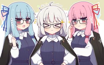 &gt;_&lt; 3girls :3 :d bespectacled black_jacket blue_dress blue_hair blue_ribbon blunt_bangs blush buttons closed_eyes closed_mouth commentary cosplay dot_nose dress glasses hair_ribbon hand_up hibino_000 highres jacket kizuna_akari kizuna_akari_(cosplay) kotonoha_akane kotonoha_aoi long_hair long_sleeves looking_at_viewer matching_outfits multiple_girls notice_lines open_mouth outline pink_hair red_eyes red_ribbon ribbon shitsuji_megane_akari siblings sisters smile sparkle symbol-only_commentary translation_request upper_body voiceroid white_outline x3