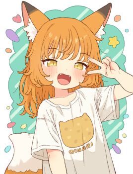 1girl :d animal_ear_fluff animal_ears blush commentary_request fangs flat_chest fox_ears fox_girl fox_tail long_hair looking_at_viewer onyhakase open_mouth orange_hair original shirt short_sleeves smile solo star_(symbol) tail upper_body v v_over_eye white_shirt yellow_eyes