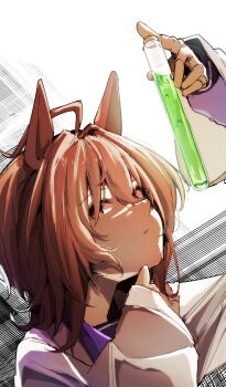 1girl absurdres agnes_tachyon_(umamusume) ahoge animal_ears brown_hair chemical_structure gorioshi0802 hair_between_eyes highres holding holding_test_tube horse_ears horse_girl huge_ahoge lab_coat long_sleeves looking_at_viewer medium_hair necktie red_eyes shirt short_necktie sleeves_past_fingers sleeves_past_wrists solo test_tube umamusume wolf_cut