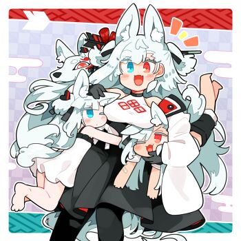 3girls :d a.i._voice animal_ear_fluff animal_ears bare_legs bare_shoulders barefoot black_gloves black_pantyhose black_skirt blue_eyes blue_hair blush border breasts child commentary_request dress feet_out_of_frame fox_ears fox_girl fox_tail gloves heterochromia highres hug ini_(inunabe00) jacket long_hair long_sleeves medium_breasts multiple_girls notice_lines off_shoulder one_eye_closed open_clothes open_jacket open_mouth outline outside_border pantyhose pleated_skirt red_eyes shirt short_dress skirt sleeveless sleeveless_dress sleeveless_shirt sleeveless_turtleneck smile tail tange_kotoe_(a.i._voice) turtleneck turtleneck_shirt white_border white_dress white_jacket white_outline white_shirt
