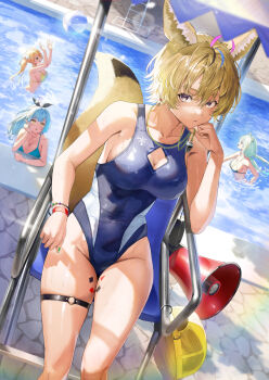 Rule 34 | 4girls, absurdres, alternate costume, alternate hairstyle, animal ears, antenna hair, ball, baseball cap, beachball, bikini, black hair, blonde hair, blue bikini, blue eyes, blue hair, blue one-piece swimsuit, breasts, chair, cleavage, cleavage cutout, closed mouth, clothing cutout, commentary request, competition swimsuit, covered navel, earrings, elf, extra ears, fox ears, fox girl, fox tail, green bikini, grey hair, hair between eyes, hat, highleg, highleg one-piece swimsuit, highres, hololive, jewelry, kuroi suna, large breasts, lifeguard, lion ears, lion girl, looking at another, looking at viewer, megaphone, momosuzu nene, multicolored hair, multicolored swimsuit, multiple girls, nepolabo, omaru polka, on chair, one-piece swimsuit, pink hair, pointy ears, ponytail, pool, shishiro botan, short hair, solo focus, streaked hair, swimsuit, tail, unworn hat, unworn headwear, virtual youtuber, whistle, whistle around neck, yellow eyes, yellow hat, yukihana lamy