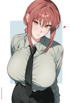 Rule 34 | 1girl, absurdres, black necktie, black pants, braid, braided ponytail, breasts, chainsaw man, closed mouth, harutoyumaarts, highres, huge breasts, looking at viewer, makima (chainsaw man), necktie, orange eyes, pants, red hair, ringed eyes, shirt tucked in, sidelocks, simple background, smile, solo, white background