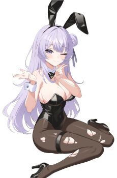 1girl absurdres animal_ears bare_arms bare_shoulders black_hairband black_leotard black_shoes bow bowtie breasts brown_pantyhose cleavage closed_mouth commission covered_navel detached_collar fake_animal_ears hair_bun hairband hands_up high_heels highleg highleg_leotard highres iliu_toa large_breasts leotard long_hair looking_at_viewer one_eye_closed otometale pantyhose playboy_bunny purple_eyes purple_hair rabbit_ears shoes simple_background single_side_bun single_wrist_cuff sitting smile solo strapless strapless_leotard thigh_strap torn_clothes torn_pantyhose very_long_hair virtual_youtuber w wariza white_background wrist_cuffs ysoa26