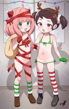 2girls absurdres anya_(spy_x_family) becky_blackbell bikini boppin christmas commission flat_chest gloves green_bikini green_eyes highres loli multiple_girls navel pink_hair red_gloves red_ribbon ribbon socks spy_x_family striped_clothes striped_thighhighs swimsuit thighhighs variant_set
