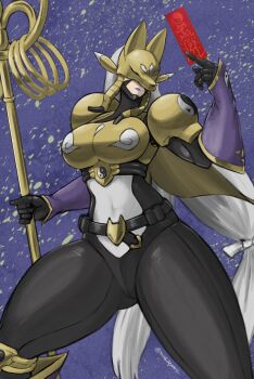 Rule 34 | 1girl, armor, black bodysuit, blue background, bodysuit, breasts, commentary request, cowboy shot, digimon, digimon (creature), facial mark, fox mask, gold armor, grey hair, highres, large breasts, long hair, mas square, mask, ofuda, purple lips, sakuyamon, solo, staff