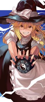 Rule 34 | 1girl, apron, black gloves, black skirt, black vest, blonde hair, bow, braid, fingerless gloves, frilled hat, frills, gloves, hat, hat bow, highres, kirisame marisa, mini-hakkero, onionmay, puffy sleeves, shirt, short sleeves, side braid, single braid, skirt, smile, sweater, touhou, turtleneck, turtleneck sweater, vest, waist apron, white bow, white shirt, witch hat, yellow eyes, yin yang