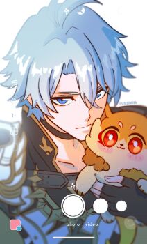 Rule 34 | 1boy, antenna hair, armor, black choker, black gloves, black shirt, blue eyes, chimera (honkai: star rail), choker, coat, commentary, creature, english commentary, fingerless gloves, gloves, highres, holding, holding creature, honkai: star rail, honkai (series), male focus, mydei (fig stew) (honkai: star rail), mydei (honkai: star rail), parted bangs, pauldrons, phainon (honkai: star rail), selfie, shirt, short hair, shoulder armor, single pauldron, solo, twitter username, umbra (edits umbra), white coat, white hair