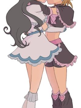 2girls arms_around_neck axseraserasera black_hair black_leg_warmers black_shirt black_shorts black_skirt bow bowtie brown_hair cropped_shirt cure_black cure_white dress earrings feet_out_of_frame frilled_dress frilled_leg_warmers frilled_skirt frilled_sleeves frills futari_wa_precure head_out_of_frame heart heart_earrings hug jewelry kiss leg_warmers long_hair magical_girl midriff miniskirt misumi_nagisa multiple_girls navel pink_bow pink_bowtie precure shirt short_dress short_hair short_sleeves shorts shorts_under_skirt simple_background skirt skirt_set standing very_long_hair wavy_hair white_arm_warmers white_background white_dress white_leg_warmers yukishiro_honoka yuri