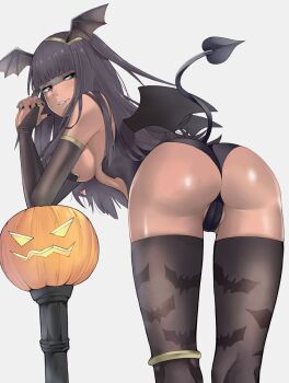1girl alternate_skin_color animal_print ass bat_print bat_wings bent_over black_eyes black_gloves black_hair black_nails black_thighhighs breasts bridal_gauntlets cameltoe dark-skinned_female dark_skin demon_tail elbow_gloves female_focus fire_emblem fire_emblem_awakening fire_emblem_heroes gloves halloween head_wings highres j@ck jack-o'-lantern jewelry leaning_forward lipstick long_hair looking_back makeup matching_hair/eyes medium_breasts nail_polish nintendo panties parted_lips pumpkin sideboob simple_background smile solo standing tail tharja_(fire_emblem) thighhighs thighlet thong tiara two_side_up underwear white_background wings