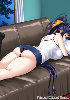 1boy 1girl ass bare_shoulders black_panties blue_hair blue_skirt breasts chair closed_eyes coach commentary erection hellandheaven high_ponytail high_school_dxd highres himejima_akeno indoors large_breasts long_hair lying miniskirt on_chair on_stomach panties ponytail shirt skirt solo spaghetti_strap underwear white_shirt