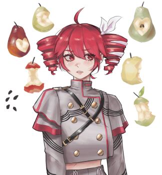 1girl absurdres ahoge apple blush ceramicnoise drill_hair food fruit hair_ribbon highres kasane_teto long_sleeves looking_at_viewer parted_lips pear red_eyes red_hair ribbon seed short_hair simple_background solo twin_drills upper_body utau vocaloid white_background white_ribbon