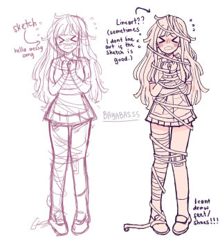 Rule 34 | > <, 1girl, apron, arrow (symbol), artist name, bandage on leg, bandaged arm, bandaged leg, bandages, bayabasss, blush, bound, closed eyes, collared shirt, commentary, danganronpa (series), danganronpa 2: goodbye despair, english commentary, english text, flying sweatdrops, highres, lineart, long hair, mole, mole under eye, monochrome, multiple views, open mouth, shirt, shoes, short sleeves, simple background, sketch, skirt, socks, standing, tied up (nonsexual), tsumiki mikan, wavy mouth, white background