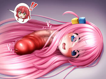 ! !! 2024 ahegao blue_eyes blush bocchi_the_rock! cum dickneck ejaculation gotoh_hitori grey_background hair_ornament handsfree_ejaculation kita_ikuyo long_hair monme on_floor open_mouth penis pink_hair red_hair simple_background speech_bubble tongue tongue_out transformation what yellow_eyes