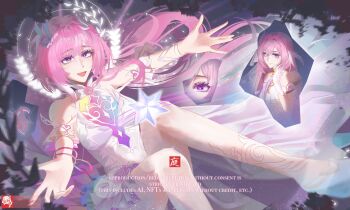 Rule 34 | 2girls, bare shoulders, breasts, commentary, company connection, corset, cyrene (honkai: star rail), cyrene (ripples of past reverie) (honkai: star rail), dress, elysia (herrscher of human: ego) (honkai impact), elysia (honkai impact), english commentary, flower, hair flower, hair ornament, halo, highres, honkai: star rail, honkai (series), honkai impact 3rd, inoue marina, large breasts, multicolored hair, multiple girls, open mouth, pink hair, purple eyes, roset tea, smile, thighs, two-tone hair, voice actor connection, white corset, white dress, white hair, yanning