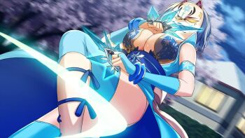 1girl bare_shoulders blue_gloves blurry breasts fighting game_cg gloves holding holding_weapon large_breasts machiyuki_ricka mask moe!_ninja_girls official_art solo standing thighs third-party_source weapon