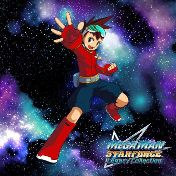 1boy blue_shorts brown_eyes brown_hair full_body geo_stelar_(mega_man) goggles goggles_on_head jewelry mega_man_(series) mega_man_star_force_(series) official_art pendant red_shirt shirt short_hair shorts solo