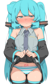 1girl abmayo absurdres bare_shoulders black_skirt black_sleeves black_thighhighs blue_eyes blue_hair blue_panties blush breasts closed_mouth clothes_lift collared_shirt commentary_request detached_sleeves gluteal_fold grey_necktie grey_shirt groin hatsune_miku highres lifting_own_clothes long_hair long_sleeves looking_at_viewer medium_breasts miniskirt necktie nose_blush number_tattoo panties pleated_skirt pubic_tattoo shirt skindentation skirt skirt_lift solo striped_clothes striped_panties tattoo thighhighs twintails underwear very_long_hair vocaloid