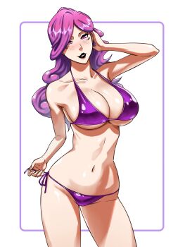 1girl bare_shoulders bikini bleach bleach:_sennen_kessen-hen breasts collarbone commission female_focus hikifune_kirio large_breasts long_hair navel purple_bikini purple_eyes purple_hair purple_lips ririvart simple_background solo solo_focus standing stomach string_bikini swimsuit