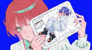 1boy 1girl amate_yuzuriha aqua_eyes aqua_shirt barcode black_boots blue_background blue_hair boots closed_eyes commentary fetal_position food_packaging gundam gundam_gquuuuuux hands_up holding in_container limeindatrap looking_at_viewer mini_person minigirl necktie pants pink_hair red_hair shirt short_hair shuji_ito simple_background striped_necktie sweater white_pants white_shirt white_sweater