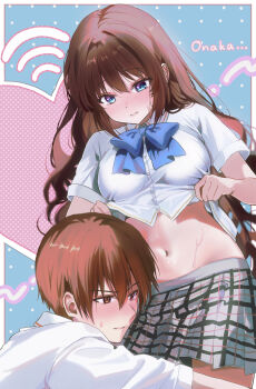 1boy 1girl 3: a-chan_(little_busters!) absurdres blue_background blue_bow blue_bowtie blue_eyes blush border bow bowtie breasts brown_eyes brown_hair closed_mouth clothes_lift collared_shirt commentary_request cowboy_shot dress_shirt embarrassed eyelashes eyes_visible_through_hair frown grey_skirt hair_between_eyes heart hetero highres large_breasts leaning_forward lifting_own_clothes lips little_busters! little_busters!_school_uniform long_hair looking_at_another looking_down midriff miiizuno_lbs miniskirt natsume_kyousuke navel nose outline outside_border plaid_clothes plaid_skirt pleated_skirt presenting_stomach romaji_text school_uniform shirt shirt_lift short_hair short_sleeves simple_background skirt split_mouth sweat sweatdrop tsurime upper_body v-shaped_eyebrows very_long_hair wavy_hair white_border white_outline white_shirt