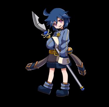 1boy ahoge belt black_background blue_jacket blue_shoes blush full_body grey_shorts head_tilt holding holding_polearm holding_weapon jacket long_sleeves merc_storia merc_storia_art_team official_art open_mouth polearm shoes short_hair shorts sidelocks simple_background sleeves_past_wrists smile solo standing tachi-e weapon wyatt_(merc_storia) yellow_belt