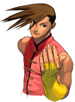 Rule 34 | beckoning, black eyes, brown hair, chinese clothes, highres, ikeno daigo, male focus, muscular, muscular male, official art, portrait, simple background, solo, street fighter, street fighter iii: 3rd strike, street fighter iii (series), white background, yang lee