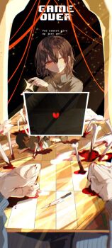 1boy 2others ankle_boots blood bloody_knife bob_cut bone boots bright_pupils broken_heart brown_hair chara_(undertale) choco_rabbitt closed_mouth commentary corpse deformed double-parted_bangs english_commentary english_text frisk_(undertale) full_body grey_footwear grey_shorts grey_sweater hair_between_eyes half-closed_eyes hands_up hashtag-only_commentary head_tilt heart highres kitchen_knife knife long_sleeves looking_at_viewer medium_hair multiple_others one_eye_closed pov puffy_long_sleeves puffy_sleeves red_eyes sans_(undertale) shorts sidelighting slit_pupils smile sparkle spoilers sweater tile_floor tiles turtleneck turtleneck_sweater undertale upper_body utdr_(toby_fox) white_pupils