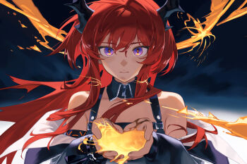 1girl absurdres arknights bare_shoulders black_dress closed_mouth demon_horns detached_collar dress hair_between_eyes highres holding holding_liquid horns infection_monitor_(arknights) jacket liquid long_hair looking_at_viewer purple_eyes red_hair solo sparrow_(xici9527) surtr_(arknights) upper_body