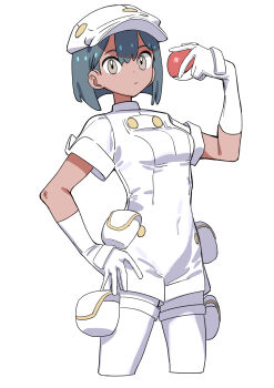 1girl absurdres aether_foundation_employee aether_foundation_uniform black_hair breasts closed_mouth dark-skinned_female dark_skin gloves haruyuki_(gffewuoutgblubh) hat highres holding holding_poke_ball jumpsuit looking_at_viewer newsboy_cap nintendo overalls poke_ball poke_ball_(basic) pokemon pokemon_sm short_hair short_jumpsuit short_sleeves simple_background solo white_background white_gloves white_hat white_jumpsuit white_overalls