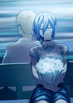 1boy 1girl bench black_choker black_shorts blonde_hair bouquet chainsaw_man choker closed_eyes closed_mouth collared_shirt commentary_request denji_(chainsaw_man) flower hair_between_eyes highres holding holding_bouquet long_hair_between_eyes maaka_4441 on_bench polo_shirt reze_(chainsaw_man) shirt short_hair shorts sitting white_shirt