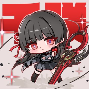 1girl absurdres arm_cutout black_hair black_serafuku black_shirt black_skirt chibi chibi_only chisa_(wuthering_waves) closed_mouth clothing_cutout commentary gloves hair_ribbon hand_up highres kill_la_kill long_hair long_sleeves looking_at_viewer mole mole_under_eye planted planted_sword planted_weapon red_eyes red_gloves red_ribbon ribbon sailor_collar scene_reference school_uniform serafuku shirt single_glove skirt solo sword tacet_mark_(wuthering_waves) thigh_strap weapon white_sailor_collar wuthering_waves yami_(yami56_u)