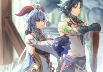 1boy 1girl ahoge aqua_hair arm_tattoo artist_name asymmetrical_gloves bead_necklace beads bell black_gloves blue_hair blurry blurry_background bodystocking bow breasts closed_mouth commentary cowbell detached_collar detached_sleeves english_commentary eyeliner facial_mark forehead_mark ganyu_(genshin_impact) genshin_impact gloves goat_horns gold_trim grass green_gloves green_hair hair_between_eyes hair_bow hair_intakes horns instagram_logo jewelry long_hair long_sleeves low_ponytail makeup mask medium_breasts mismatched_gloves multicolored_hair neck_bell necklace own_hands_together parted_bangs ponytail purple_eyes red_eyeliner red_horns shirt short_hair shoulder_spikes sidelocks single_detached_sleeve sleeveless sleeveless_shirt soulc1ty spikes standing streaked_hair tassel tattoo twitter_logo unworn_mask upper_body v-shaped_eyebrows very_long_hair white_shirt white_sleeves wide_sleeves xiao_(genshin_impact) yellow_eyes