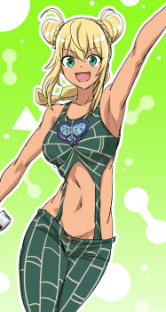 1girl arm_above_head arm_at_side arm_up armpits blonde_hair breasts collarbone cosplay cropped_shirt dark-skinned_female dark_skin dot_nose double_bun dumbbell_nan_kilo_moteru? fang feet_out_of_frame female_focus green_background green_eyes green_pants green_shirt hair_bun highres jojo_no_kimyou_na_bouken kimleon kujo_jolyne_(cosplay) kuujou_jolyne long_hair looking_at_viewer navel open_mouth pants sakura_hibiki shirt simple_background sleeveless sleeveless_shirt small_breasts smile solo standing strap