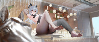 1girl absurdres breasts feet grey_hair hezhi_go highres horns large_breasts leotard long_hair looking_at_viewer mole mole_under_eye open_mouth pantyhose red_eyes soles toes tongue tongue_out wuthering_waves zani_(wuthering_waves)