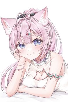 1girl :3 animal_ears antenna_hair armlet bare_shoulders black_bow blue_eyes blush bow bracelet braid breasts camisole choker cleavage cleavage_cutout closed_mouth clothing_cutout fang gradient_eyes hair_bow hair_intakes hair_ornament hairclip hakui_koyori hakui_koyori_(summer) half_updo hand_on_own_cheek hand_on_own_face heart heart_bracelet heart_hair_ornament high_ponytail highres hololive jewelry large_breasts long_hair looking_at_viewer multicolored_eyes pink_choker pink_hair ponytail purple_eyes rin5325 simple_background skin_fang smile solo two-tone_choker virtual_youtuber white_background white_camisole white_choker wolf_ears wolf_girl