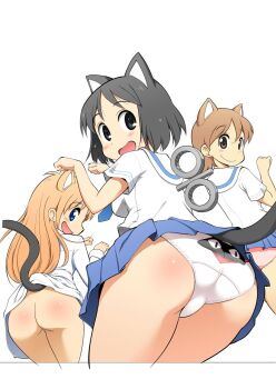 3girls aioi_yuuko animal_ears ass black_eyes black_hair blonde_hair blue_eyes bottomless breasts cat_ears cat_tail highres huge_ass kemonomimi_mode kyojiri_loli lab_coat loli long_hair looking_back medium_breasts multiple_girls necktie nichijou no_panties open_mouth orimoto_mimana panties paw_pose plump print_panties professor_shinonome sakamoto_(nichijou) shinonome_nano short_hair tail underwear winding_key