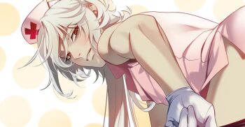 1boy a_date_with_death ben-day_dots blush casper_(a_date_with_death) collared_dress dress gloves hair_over_shoulder half-closed_eyes hat highres jellyfish_cut kneeling long_hair looking_at_viewer male_focus nurse_cap offering_hand official_art parted_lips pink_dress promotional_art red_eyes revealing_clothes screentones short_dress solo thighs white_gloves white_hair