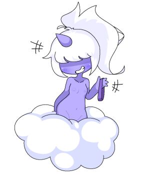 1girl colored_skin dazzi flat_chest flying_nimbus grin hair_over_eyes holding holding_unworn_clothes horns looking_at_viewer nipples pal_(creature) palworld ponytail potatobud purple_horns purple_skin purple_tube_top simple_background single_horn smile solo strapless tube_top unworn_tube_top white_background white_hair