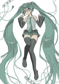 1girl aqua_eyes aqua_hair aqua_necktie black_skirt black_sleeves detached_sleeves grey_shirt hatsune_miku highres long_hair mottoyo necktie panties pantyshot pleated_skirt shirt skirt sleeveless sleeveless_shirt striped_clothes striped_panties thighs twintails underwear vocaloid