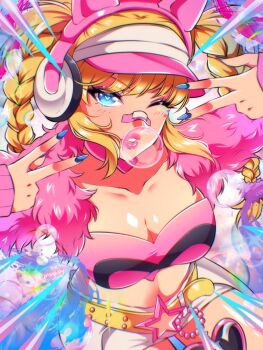 1girl animal_ear_headphones animal_ears artist_name bandaid bandaid_on_face bandaid_on_nose belt belt_buckle blonde_hair blue_eyes blue_nails braid breasts bubble buckle cat_ear_headphones cat_ears choker cleavage commentary double_v eyeshadow fake_animal_ears fingernails fur_jacket hair_ornament hair_scrunchie headphones heart heart-shaped_pupils heart_choker highres jacket long_fingernails looking_at_viewer magik_(new_millenia_might)_(x-men) magik_(x-men) makeup marvel marvel_rivals medium_breasts midriff mingway official_alternate_costume one_eye_closed pink_choker pink_jacket pink_lips purple_eyeshadow scrunchie shorts solo symbol-shaped_pupils twin_braids v white_shorts x-men y2k_fashion yellow_belt