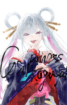 Rule 34 | 1girl, :d, absurdres, black kimono, blue eyes, cho kaguya-hime!, colored inner hair, commentary, copyright name, criss-cross halter, dress, english text, fang xue jun, grey eyes, grey hair, hair ornament, hair rings, hair stick, halterneck, hand to own mouth, highres, japanese clothes, kimono, long hair, long sleeves, looking at viewer, multicolored hair, off shoulder, open mouth, pink hair, purple dress, runami yachiyo, simple background, sleeveless, sleeveless dress, smile, twintails, upper body, very long hair, white background, wide sleeves