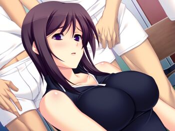 1girl 2boys bare_shoulders black_hair blush breasts dutch_angle game_cg hetero impossible_clothes impossible_shirt large_breasts large_variant_set locker locker_room long_hair multiple_boys nerawareta_megami_tenshi_angel_tear non-web_source official_art open_mouth purple_eyes purple_hair shirt shizumi_suzune sleeveless solo_focus sportswear tennis_uniform tsukumo_kazuita variant_set