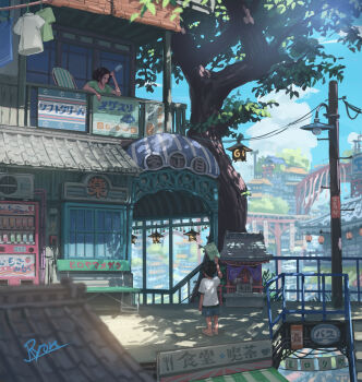 1boy 1girl absurdres arm_up awning bench black_hair blue_shorts bridge building cloud commentary dappled_sunlight day food green_shirt hanging_lantern highres holding holding_food holding_popsicle house laundry looking_at_another open_mouth original outdoors popsicle power_lines railing ryon40716441 sandals scenery shade shirt shorts sign signature stairs standing storefront summer sunlight talking tree utility_pole vending_machine white_shirt wide_shot window